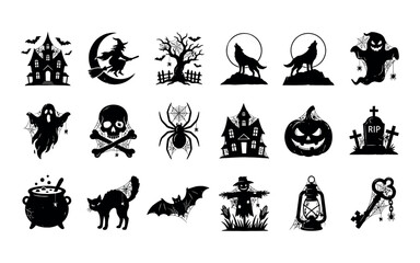 Fototapeta premium Halloween Collection of Spooky Silhouettes with Ghosts Bats and Pumpkins silhouette