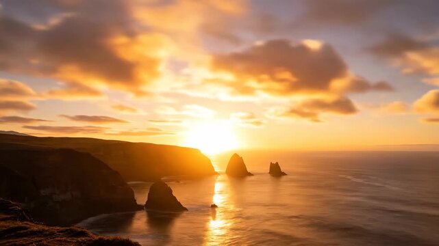 Dramatic sunset over ocean cliffs and sea stacks with fiery clouds and golden light reflecting on the water