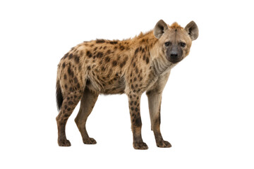 Naklejka premium Spotted hyena standing and looking at the camera, isolated on a white background. Full body side view of a powerful African predator with distinctive spotted coat, ideal for wildlife, zoology