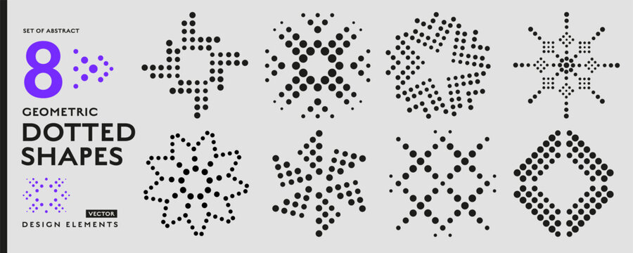 Abstract halftone geometric shapes collection made of dotted circles. Circular vector icon tone science design.