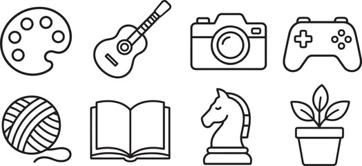 Hobby Modern and Premium Icon Set, Featuring palette, guitar, camera, gamepad and More, Editable Stroke, Outline Icon Collection © MNSTUDIO