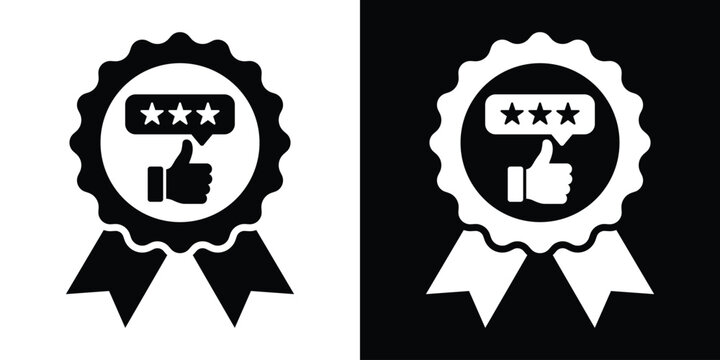 Thumbs up badge icon with three star rating feedback notification bubble. Vector graphic illustration.