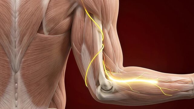 3D medical animation of radial nerve pathway through upper arm and elbow showing forearm nerve branches on dark red background
