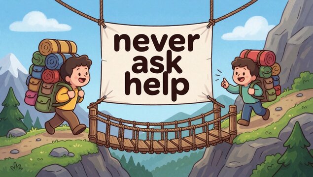 Children boy girl walking wooden bridge mountainous landscape both wearing backpacks carrying large backs left