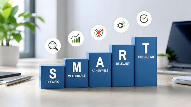 SMART Goals Concept with Icons Representing Specific, Measurable, Achievable, Relevant, and Time-Bound Objectives