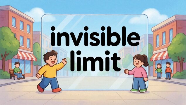 Illustration street children boy girl standing front large sign reads invisible limit left side wearing yellow