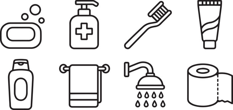 Hygiene Modern and Premium Icon Set, Featuring bar soap, hand sanitizer, toothbrush, toothpaste and More, Editable Stroke, Outline Icon Collection