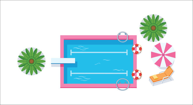 Swimming pool with lounge chair and life preservers a colorful vector illustration on a white background aquatic poolside relaxation summer vacation