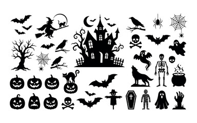 Obraz premium Halloween collection of spooky silhouettes including pumpkins bats and a haunted house silhouette