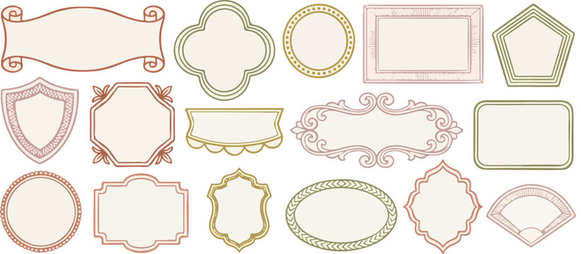 Doodle hand drawn frame set, colorful border collection. Minimal hand drawn square arch and rectangle shapes kit. Elegant retro empty banner, poster, placard, postal stamp. Doodle frame decor.