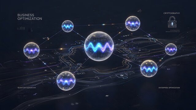 digital business optimization network structure, quantum computing algorithm interface visualization, global data connectivity and encryption technology