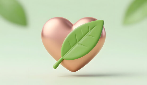 3D metallic heart with a green leaf on light green background, eco friendly or health care concept, Generative AI
