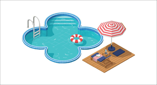 Isometric swimming pool with lounge chairs umbrella and floating ring on a white background poolside outdoor recreation summer vacation leisure relaxation
