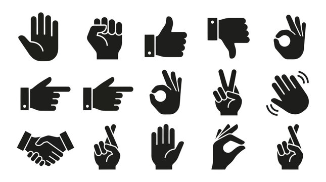 Minimal flat vector icon set featuring 12 hand gestures: open palm, fist, thumbs up, thumbs down, pointing finger, OK gesture, peace sign, waving hand, handshake, raised hand, pinching fingers