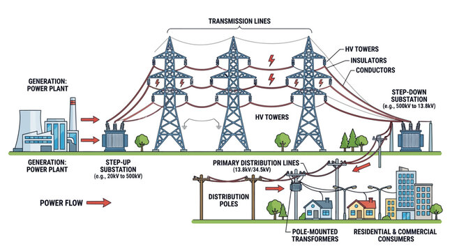 Electricity Power Flow Diagram from Generation to Consumers, Educational Infographic with Transmission and Distribution Lines on Light Background