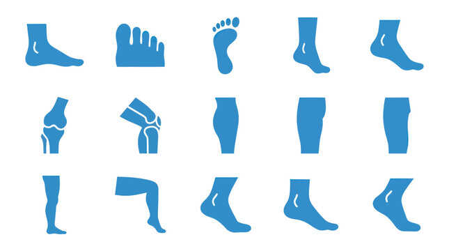 Minimal flat vector icon set featuring 12 lower body parts: foot, toes, ankle, heel, sole, knee, calf, thigh, leg profile, bent leg, walking foot, and running foot, single color design, solid fill