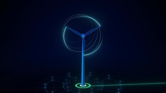 Glowing neon blue digital wind turbine generating green energy with stylized wind flow. Futuristic hologram concept ideal for corporate presentation backdrops and tech website hero animations.

