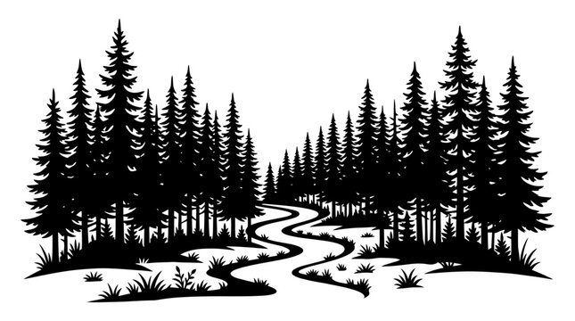 Forest trees set. tree silhouettes for winter forest landscape design, Mountain landscape. Mountains and coniferous forest. Christmas tree, fir-tree, pine, pine-tree
