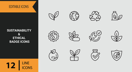 Fototapeta premium Sustainability And Ethical Badge Icons Outline Icon Set For Eco Friendly Organic Business Products