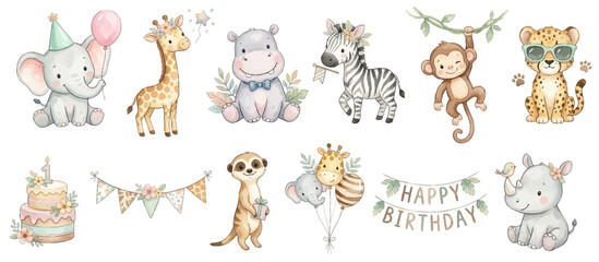 Obraz premium Sweet jungle nursery party design bundle featuring adorable wildlife in soft pastel style. Collection of Vector illustrations for invitation, card, poster, banner, decoration