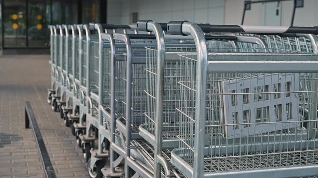 Shopping carts are arranged in neat rows outside a retail space during the daytime. The empty carts are made of metal and are available for customers to use as they shop