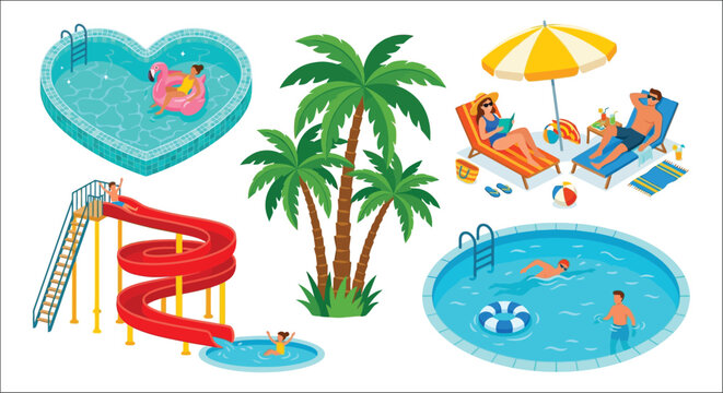 Swimming pools palm trees and beachgoers depicted in a colorful vector illustration on a white background aquatic center beach blue water bright colors chlorinated water