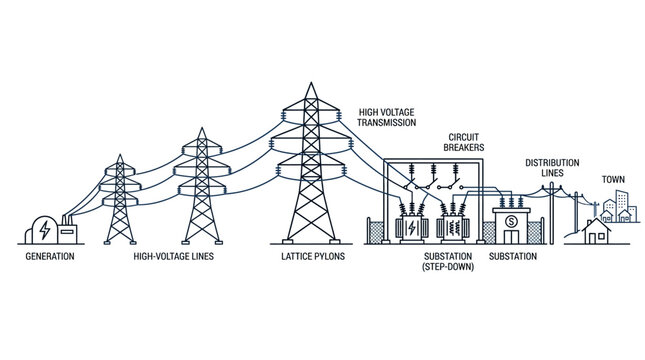 Electricity Power Transmission and Distribution Diagram from Generation to Town on Isolated White Background