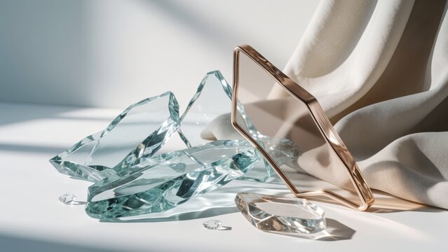 Group broken glass pieces white surface arranged triangular formation largest piece center smaller either side