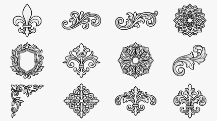 Modern Black and White Ornate Floral and Fleur de lis Decorative Elements Collection with high quality professional line art symbols for modern creative design and digital branding projects © Pulu