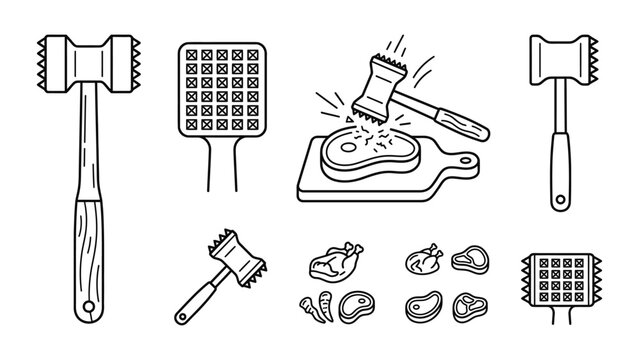 Set of meat tenderizer hammer icons and butchery tools collection.