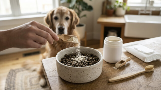 Hand Adding Nutritional Supplement to Senior Dog Food Bowl, Highlighting Pet Wellness and Dental Health Routine