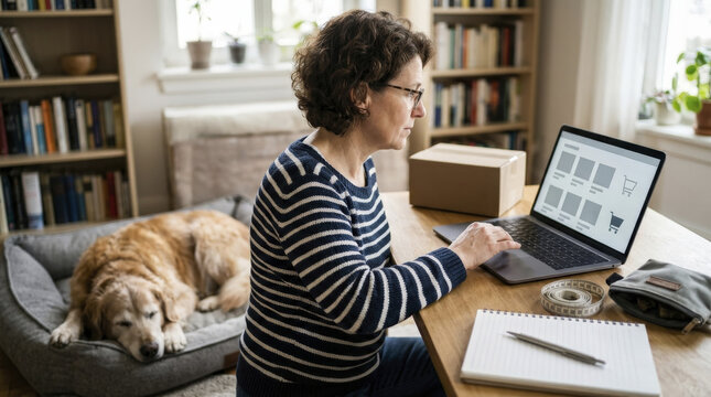 Woman Working on Laptop at Home, Her Senior Golden Retriever Resting Peacefully. Illustrating Pet Companionship and Senior Dog Wellness.