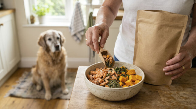 Caring Senior Woman Prepares Wholesome Meal for Happy Golden Retriever