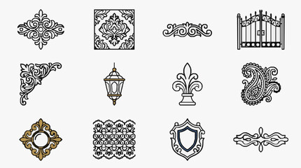 Modern Black and Gold Ornamental Designs Collection Intricate Floral Fleur de lis Gate Lantern and Shield Patterns for Artistic Projects © Pulu