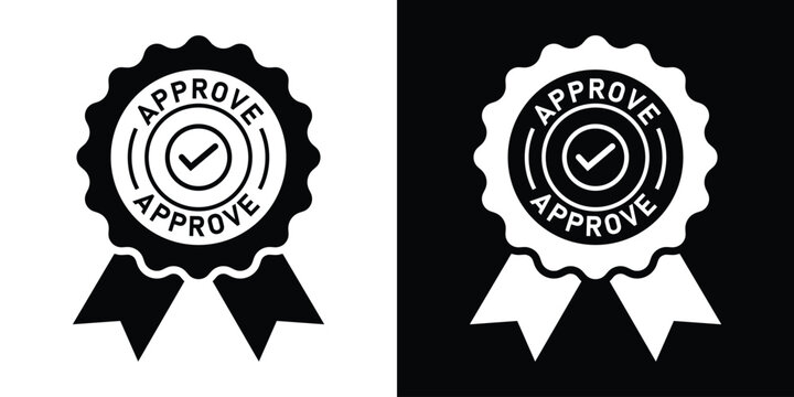 Approved ribbon badge vector icon with check mark. Certified quality guarantee stamp sign in black and white styles.