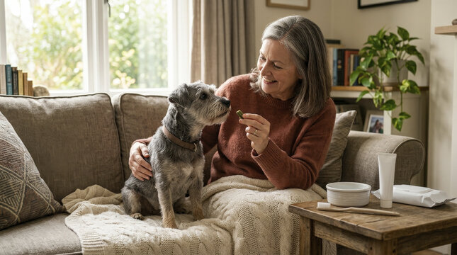 Senior Woman Cares for Elderly Dog's Wellness and Dental Health at Home