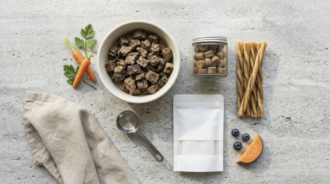 Wholesome Senior Dog Food Ingredients Flat Lay for Optimal Pet Health and Nutrition