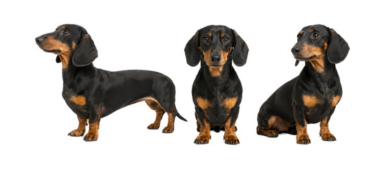 Three poses of a black and tan Dachshund dog isolated on a white background, featuring side standing, front sitting, and three-quarter sitting views. Elegant purebred companion with floppy ears © MJ iceberg