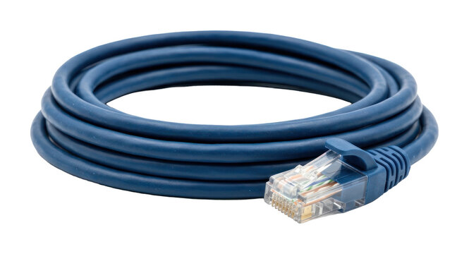 Coiled Blue Ethernet Network Cable with RJ45 Connector. Isolated Patch Cord for Internet Connectivity