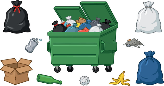 Green dumpster container vector set overflowing with garbage bags cardboard box crumpled paper crushed aluminum can and banana peel on white background