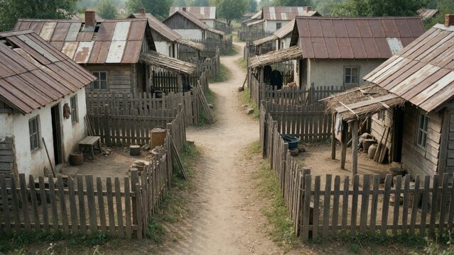 Dirt path winding small village surrounded wooden fence both sides left side there several houses corrugated m