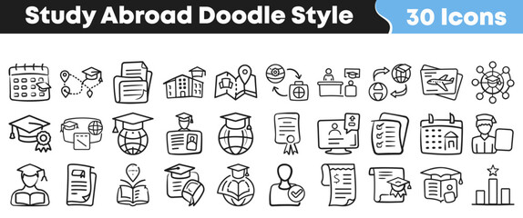 Collection of hand drawn doodle icons representing study abroad education themes © Vectoravec