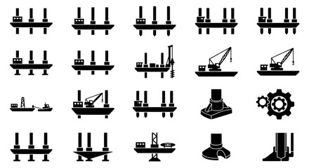 Fototapeta premium Offshore Jack-Up Rigs and Drilling Platform Silhouette Icons, offshore jack-up rigs, oil drilling platforms, floating production units, marine cranes, and structural gears