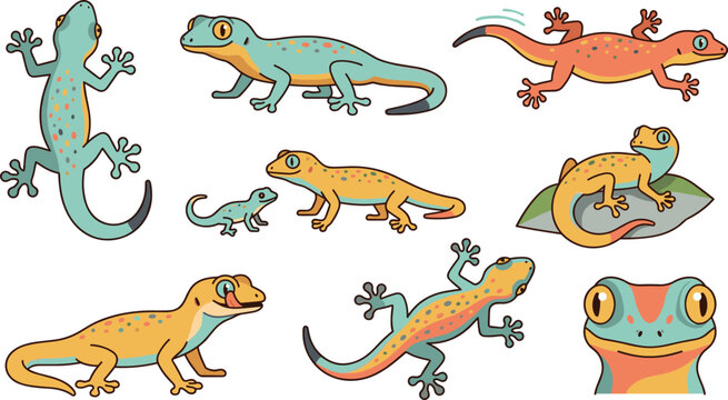 Gecko Lizard Cartoon Vector Set with Standing, Walking, Climbing, and Mother with Baby Poses for Wildlife Designs