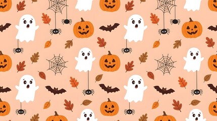 Fototapeta premium Seamless pattern with cute ghosts, jackolantern pumpkins, spiders, spider webs, bats and autumn leaves on a light orange background