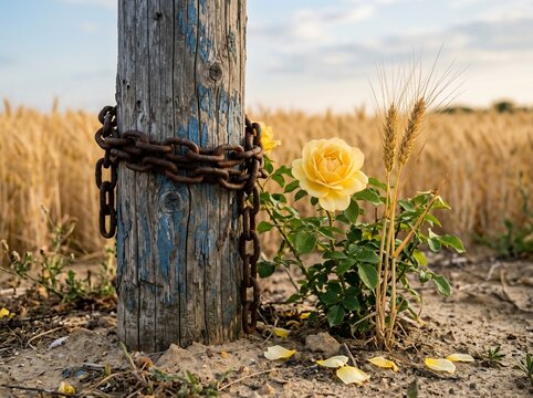 Yellow rose and rusty chain on wooden post in wheat field