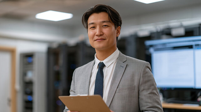 Kazakh renewable energy engineer stands in a server farm powered by wind turbines, holding an energy audit clipboard as AI cooling systems hum behind him, a screen displaying