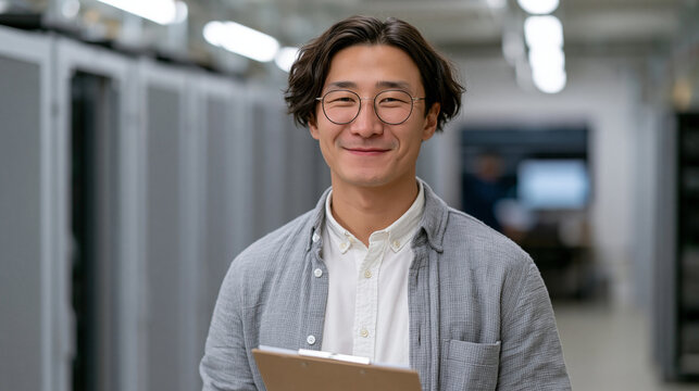 Kazakh renewable energy engineer stands in a server farm powered by wind turbines, holding an energy audit clipboard as AI cooling systems hum behind him, a screen displaying