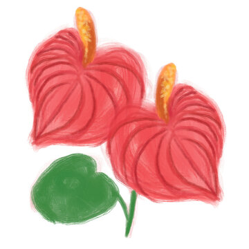 Hand-painted red anthurium flowers with golden spadices and lush green foliage element