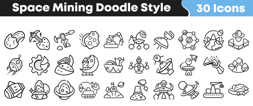 Hand drawn black and white space mining doodle icon set